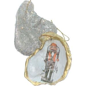 Handmade Oyster Shell Ornaments x2 Rhinestone & Nutcracker Print Matched Set